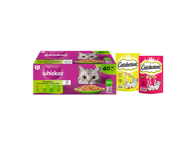 Whiskas & Catisfactions kattenvoeding - mix natte voeding en snacks met kaas en rund - 3520g
