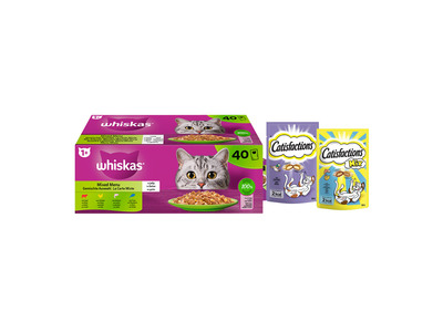 Whiskas & Catisfactions kattenvoeding - mix natte voeding en snacks met eend, zalm en kaas - 352