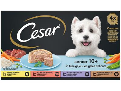 Cesar hondenvoeding natvoer in gelei - Senior 10+ - kip, rund, lam & kalkoen - kuipjes - 4 x 150