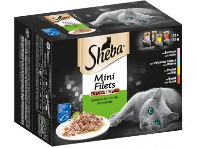 Sheba Natvoer kat - Mix zalm, witvis, kip & rund - Versheidzakjes met saus - Mini Filets - 12 x 