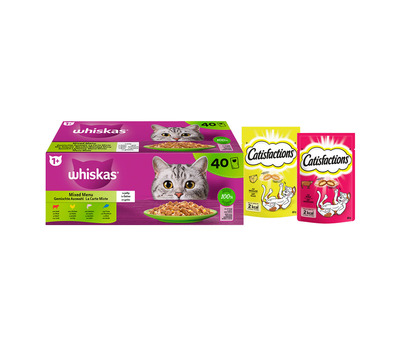 Whiskas & Catisfactions kattenvoeding - mix natte voeding en snacks met kaas en rund - 3520g