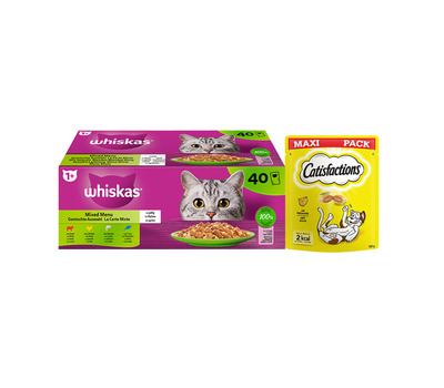 Whiskas & Catisfactions kattenvoeding - mix natte voeding en snacks met kaas - 3580g