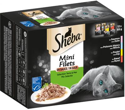 Sheba Natvoer kat - Mix zalm, witvis, kip & rund - Versheidzakjes met saus - Mini Filets - 12 x 