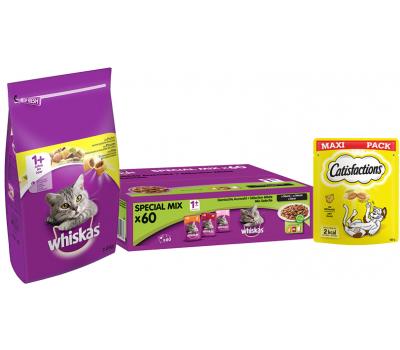 Whiskas & Catisfactions kattenvoeding weekpakket: nat (rund, gevogelte, zalm) + droog (kip) + sn